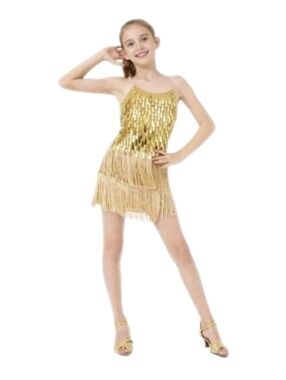 Lolanta 2 Piece Latin Dance Costume Gold Childs Size 130 & 160 Sequin Fringe NWT